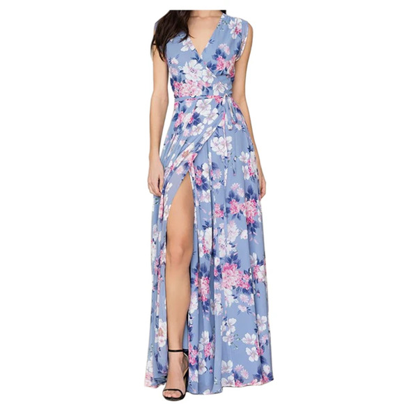 NWT Jonathan Simkhai Floral Sleeveless Slit Wrap Maxi Dress Sky Blue Womens 4 - Picture 1 of 5